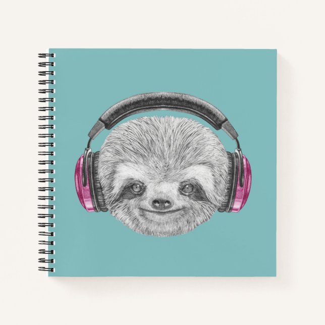 Portrait von Sloth | Tragen von Kopfhörern Notizbuch (Vorderseite)