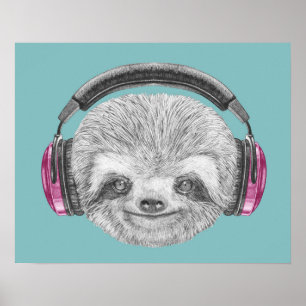 Portrait von Sloth Tragen von Kopfhörern Poster