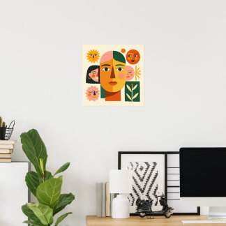 Porträt-Collage mit geteiltem Gesicht, Sonne und M Poster