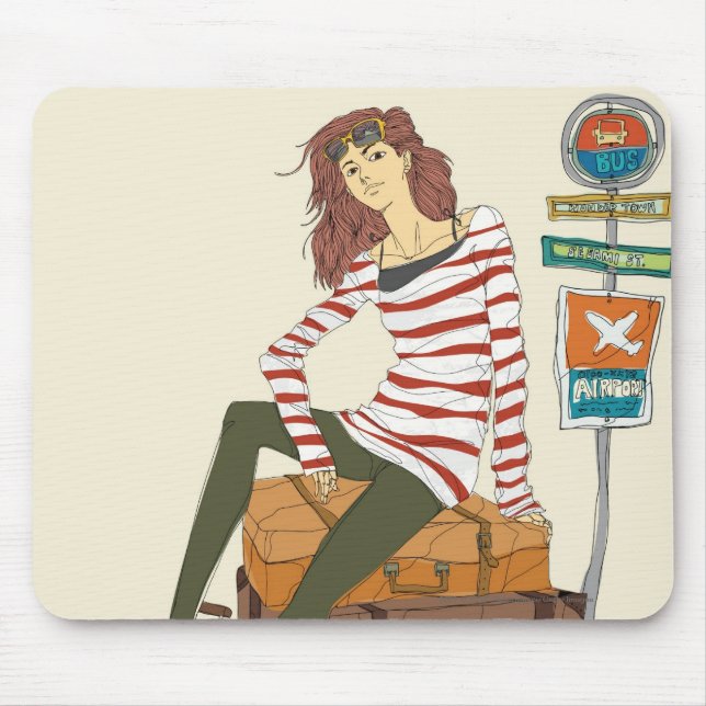 Porträt der jungen Frau sitzend auf Koffer Mousepad (Vorne)