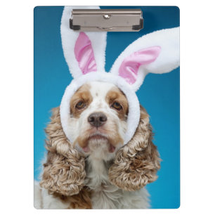 Porträt des Hundes Osterhasenohren tragend Klemmbrett