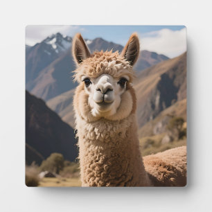 Porträt des neugierigen Lamas am Berg Fotoplatte