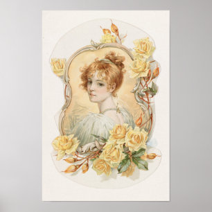 Porträt einer Frau, eingerahmt mit gelben Rosen Poster