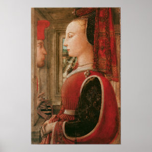 Porträt einer Frau u. des Mannes an einem Poster