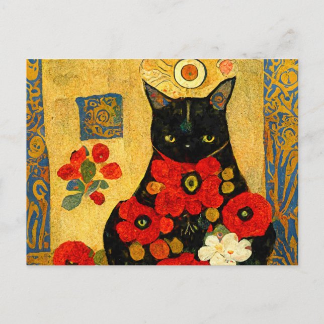 Porträt einer schwarzen Katze im Jugendstil Design Postkarte (Vorderseite)