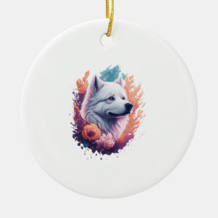 Porträt eines Hundes - Samoyed Blumen Spritzer  Keramik Ornament