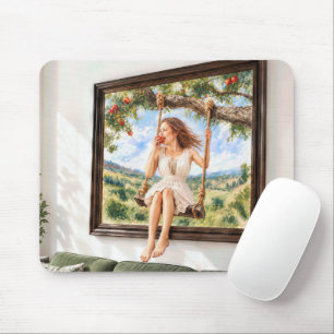 Porträt eines Mädchens auf einer Apfelbaumschaukel Mousepad