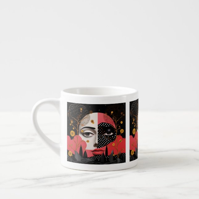 Porträt eines weiblichen Mondgesichts schwarz und  Espressotasse (Links)