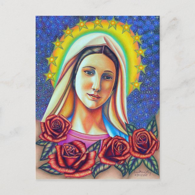 Porträt von Mutter Maria mit Rote Rosen Postkarte (Vorderseite)