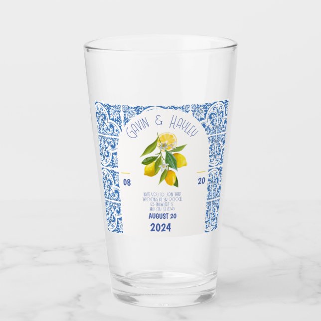 Portugal Hochzeitsglas | Blaue Fliesen und Zitrone Glas (Vorderseite)