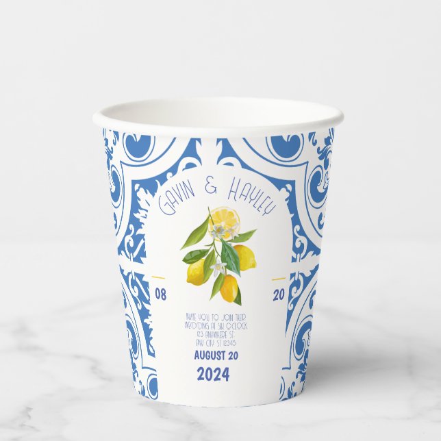 Portugal Hochzeitspapier | Blaue Fliesen und Zitro Pappbecher (Vorderseite)