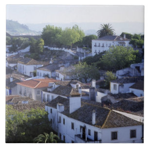 Portugal, Obidos. Erhöhte Ansicht von weiß getünch Fliese