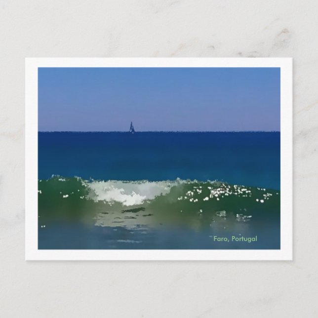 Portugal-Welle und Schiff am Strand von Faro, Alga Postkarte (Vorderseite)