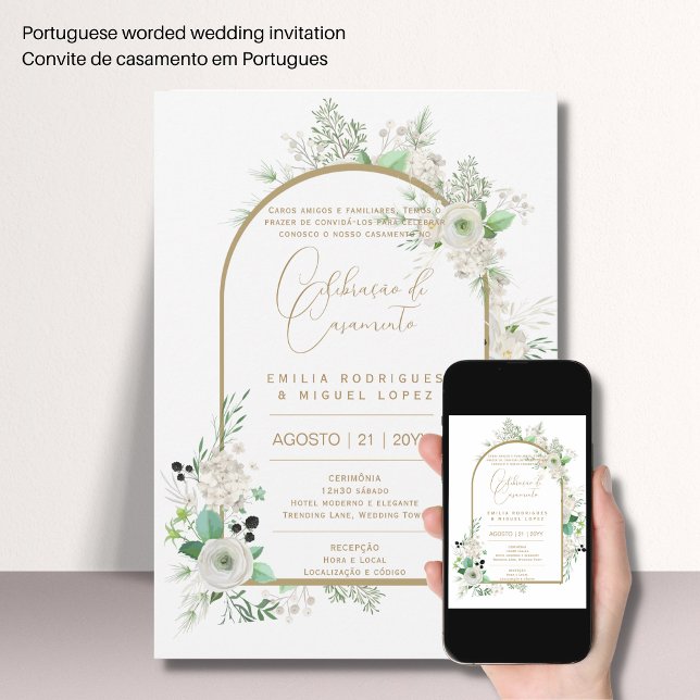 Portugeuse | Casamento Floral White Rosas Brancas Einladung (Von Creator hochgeladen)