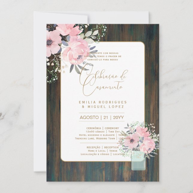 Portugeuse | Casamento Flores Folclóricas Rústica Einladung (Vorderseite)