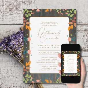 Portugeuse   Casamento Flores Folclóricas Rústica Einladung