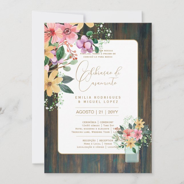 Portugeuse | Casamento Flores Folclóricas Rústica Einladung (Vorderseite)