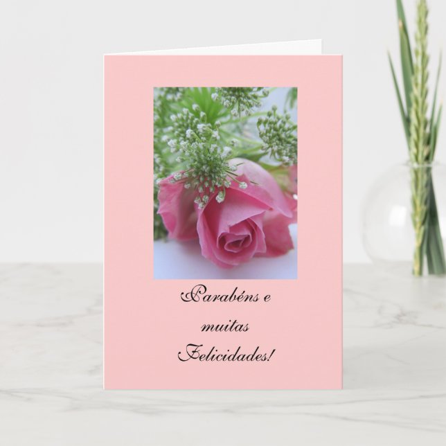Portugiese: Geburtstag/Rosa: Parabéns! Karte (Vorderseite)