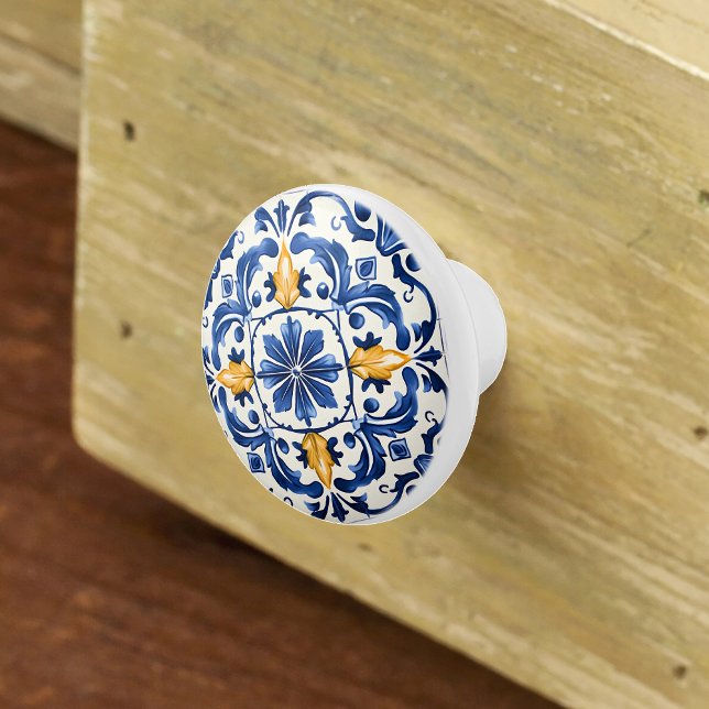 Portugiesisch Azulejo Muster Blau Weiß Gelb Keramikknauf (Von Creator hochgeladen)