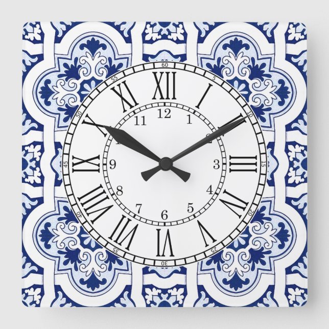 Portugiesisch-blaue Kacheldecke Quadratische Wanduhr (Vorderseite)