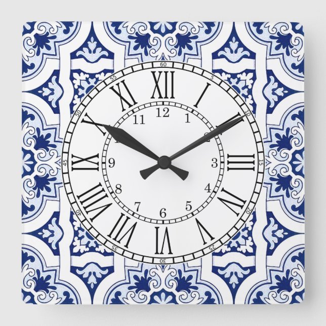 Portugiesisch-blaue Kacheldecke Quadratische Wanduhr (Vorderseite)