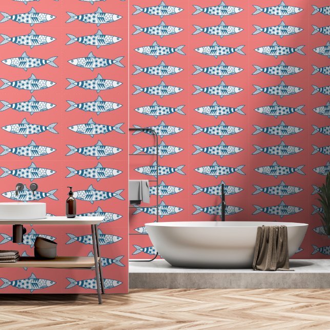 Portugiesisch Sardines Pattern Azulejos Pink Tapete (Badezimmer)