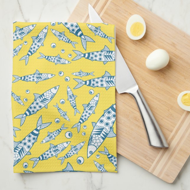 Portugiesisch Sardines Pattern Azulejos Yellow Geschirrtuch (Viertel Falte)