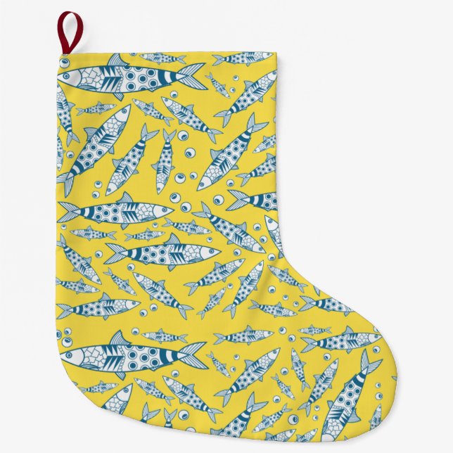 Portugiesisch Sardines Pattern Azulejos Yellow Großer Weihnachtsstrumpf (Vorderseite)