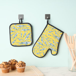 Portugiesisch Sardines Pattern Azulejos Yellow Ofenhandschuh & Topflappen-Set