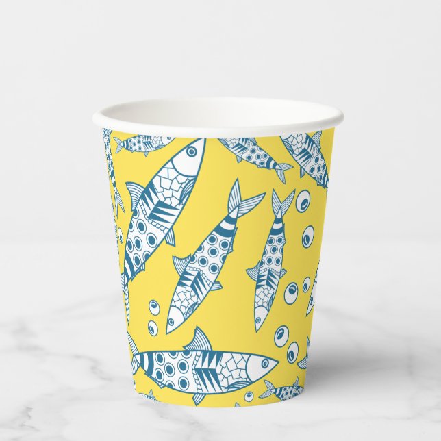 Portugiesisch Sardines Pattern Azulejos Yellow Pappbecher (Vorderseite)