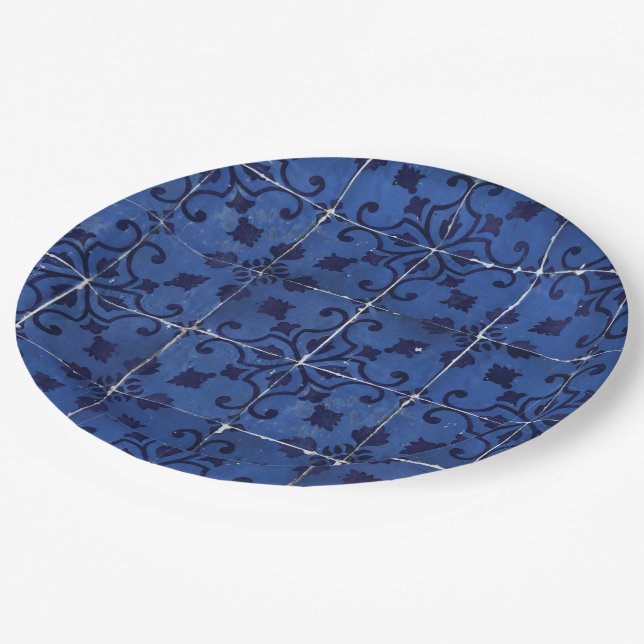 Portugiesisch Tiles - Azulejo Blue Floral Leaf Des Pappteller (Schrägansicht)