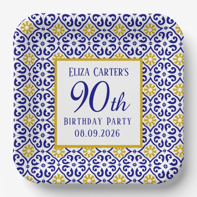 Portugiesisch Tiles Blue 90. Geburtstag Mittelmeer Pappteller (Vorderseite)