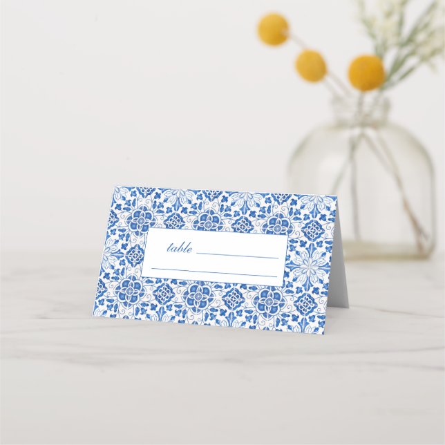 Portugiesisch Tiles Blue Floral Wedding Platzkarte (Vorderseite)