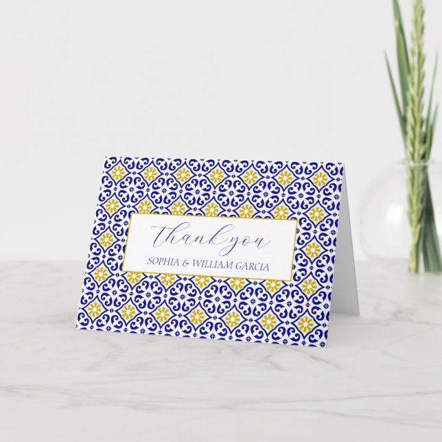Portugiesisch Tiles Blue Floral Wedding Vielen Dan Dankeskarte (Vorderseite)