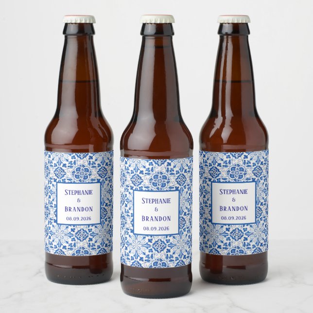 Portugiesisch Tiles Blue Mediterranean Wedding Bierflaschenetikett (Flaschen)