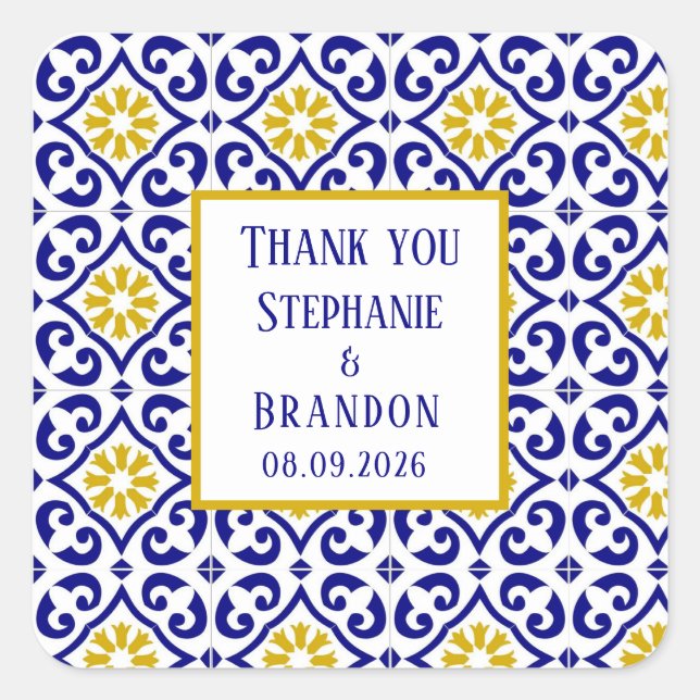 Portugiesisch Tiles Blue Mediterranean Wedding Quadratischer Aufkleber (Vorderseite)
