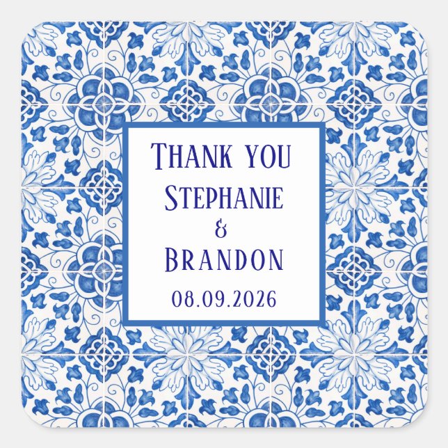Portugiesisch Tiles Blue Mediterranean Wedding Quadratischer Aufkleber (Vorderseite)