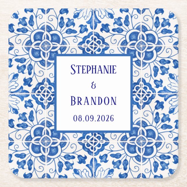 Portugiesisch Tiles Blue Mediterranean Wedding Rechteckiger Pappuntersetzer (Vorderseite)