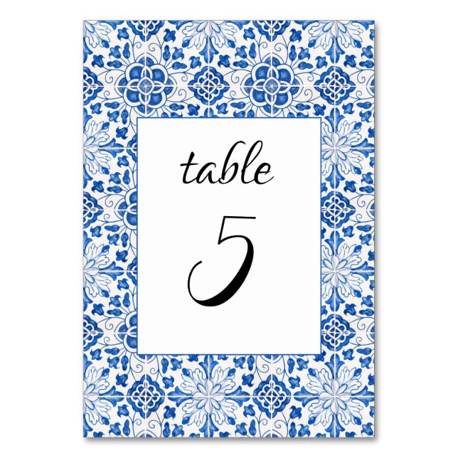 Portugiesisch Tiles Blue Mediterranean Wedding Tischnummer (Vorderseite)