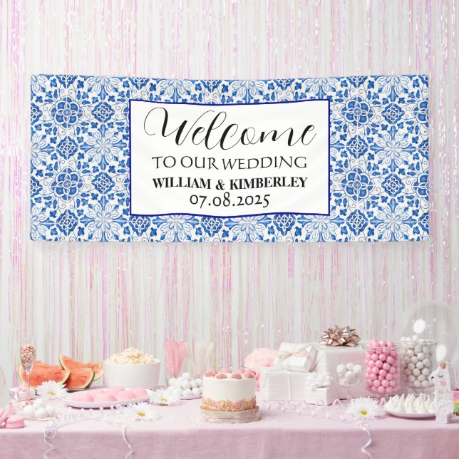 Portugiesisch Tiles Blue Rustic Elegante Wedding Banner (Party)