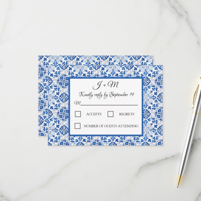Portugiesisch Tiles Blue White Mediterranean UAWG RSVP Karte (Vorderseite/Rückseite Beispiel)