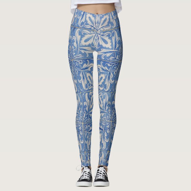 Portugiesisch Tiles Vintag Azulejos Blue White Leggings (Vorderseite)