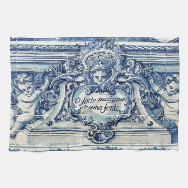 Portugiesische blau-weiße Wandfliesen mit Engeln Geschirrtuch (Horizontal)