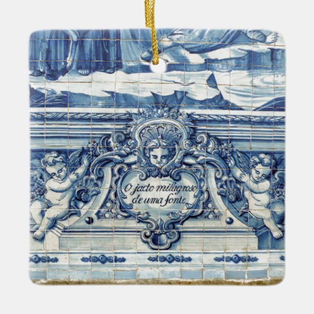 Portugiesische blau-weiße Wandfliesen mit Engeln Keramikornament (Vorderseite)