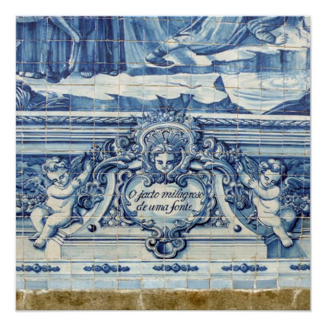 Portugiesische blau-weiße Wandfliesen mit Engeln Poster (Vorderseite)