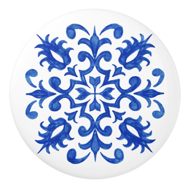 Portugiesische blaue Fliese mit zentralem runden M Keramikknauf (Vorderseite)