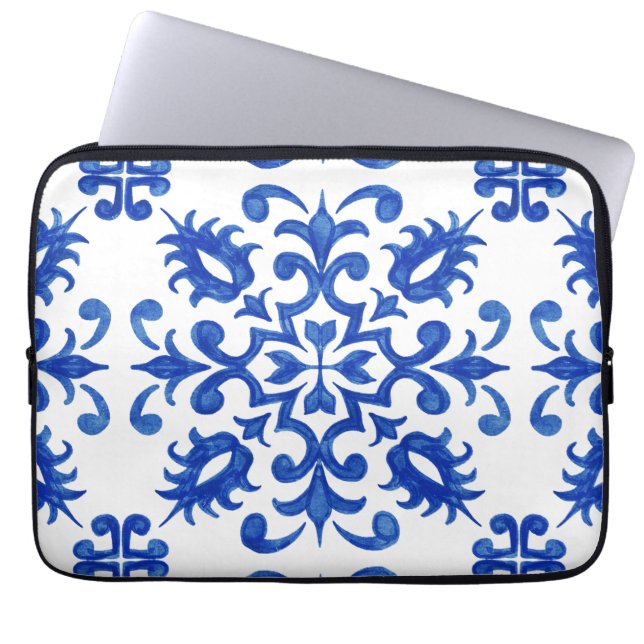 Portugiesische blaue Fliese mit zentralem runden M Laptopschutzhülle (Vorderseite)