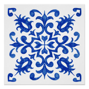Portugiesische blaue Fliese mit zentralem runden M Poster