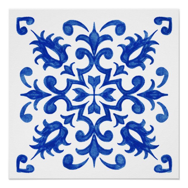 Portugiesische blaue Fliese mit zentralem runden M Poster (Vorderseite)