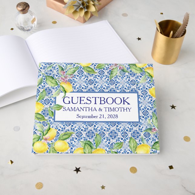 Portugiesische Fliesen Lemon Destination Elegante  Gästebuch (Vorderseite Offen)